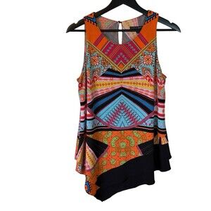 CoCo Bianco Women's Med Sleeveless Handkerchief Top Orange Blue Black